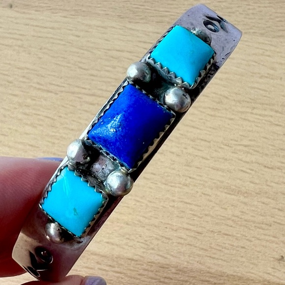 NATIVE AMERICAN NAVAJO ARTIST D.LERMA TURQUOISE & LAPIS STERLING CUFF BRACELET